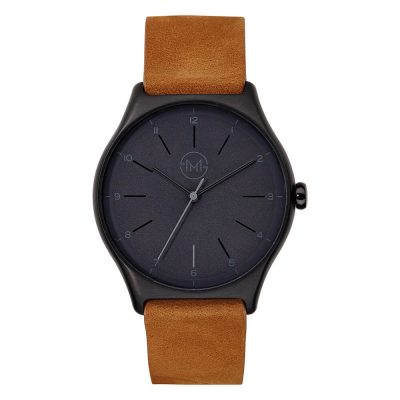 01 - slim made one 06 - thin wrist watch in black with brown leather band - front